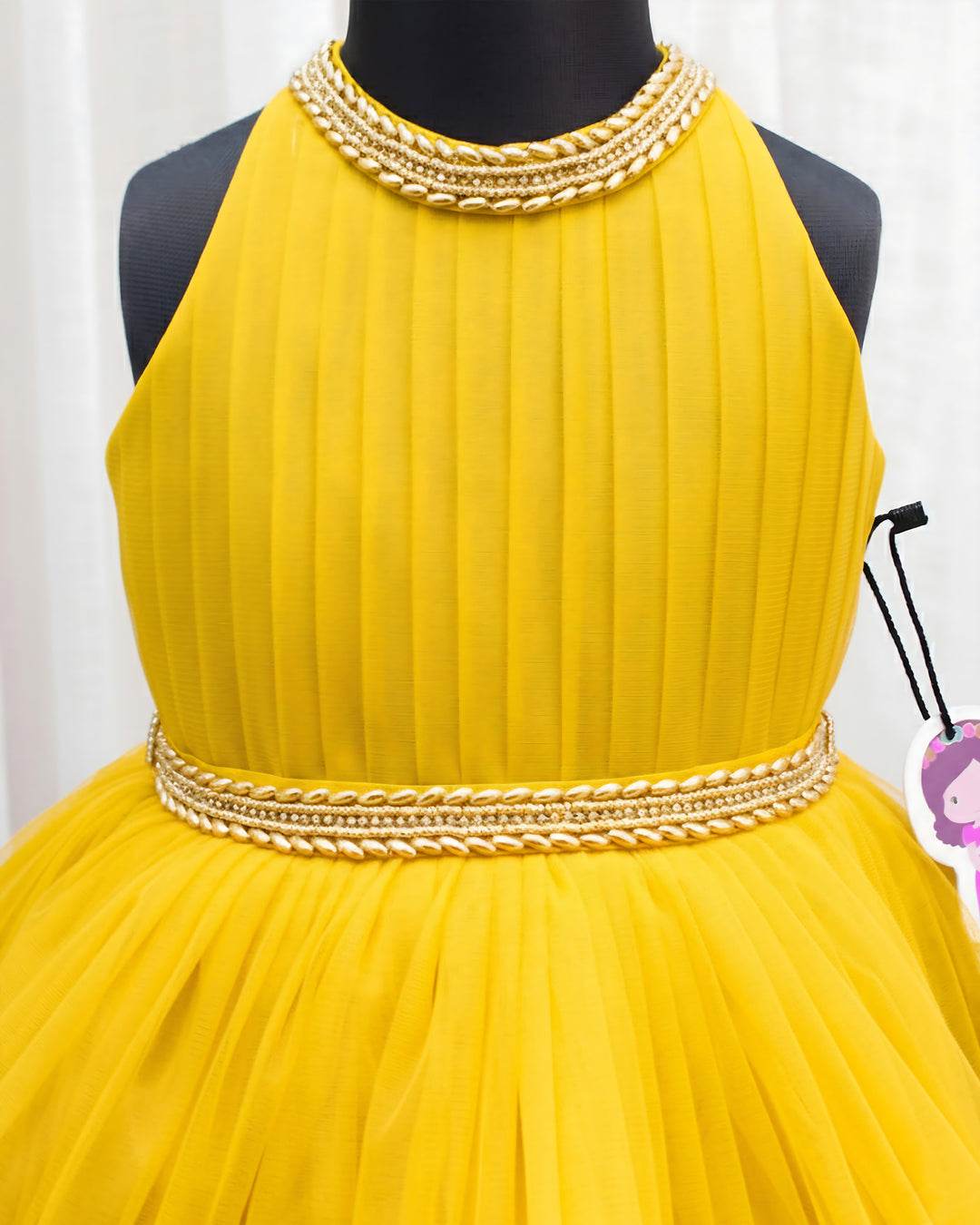 Mango yellow ruffled birthday dress for baby girls, pleated halter neck frock, stylish partywear outfit by Stanwells Kids