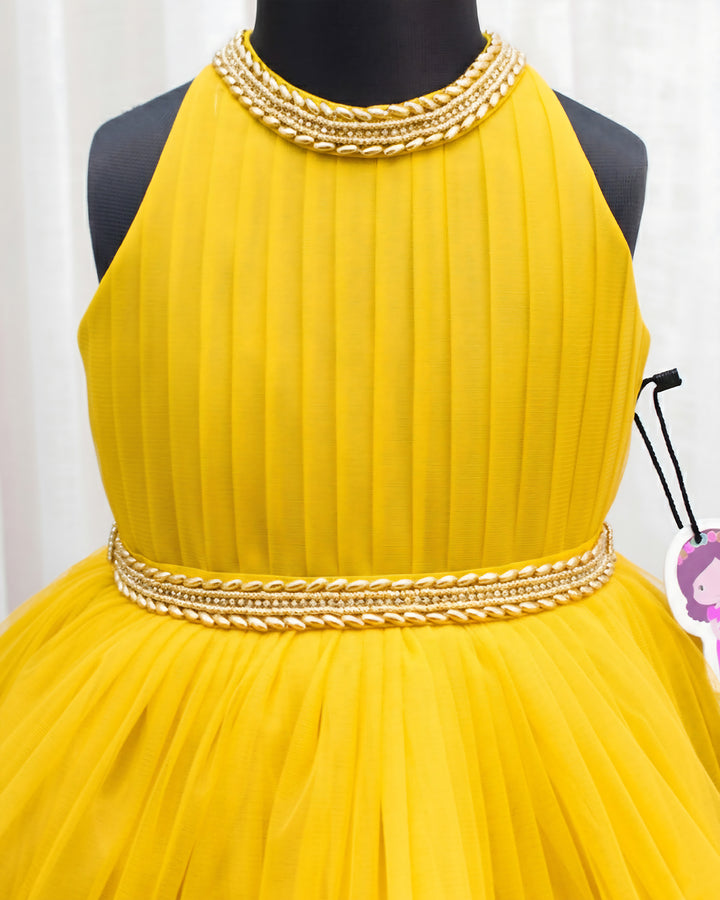 Mango yellow ruffled birthday dress for baby girls, pleated halter neck frock, stylish partywear outfit by Stanwells Kids