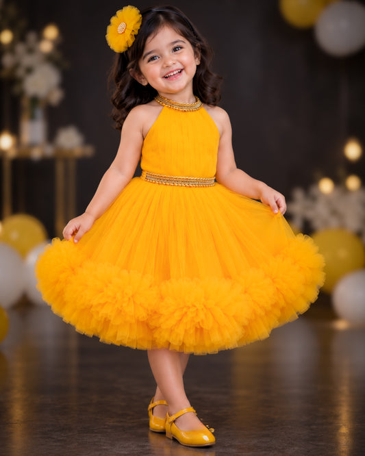 Mango yellow pleated halter neck frock front view baby girl – Stanwells Kids