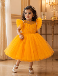 Mango Yellow Pleated Western Style Birthday Frock for Baby Girl – Stanwells Kids