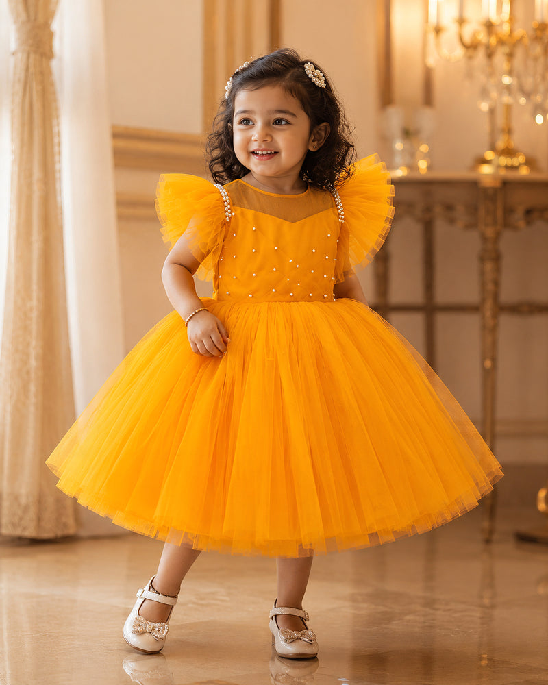 Mango Yellow Pleated Western Style Birthday Frock for Baby Girl – Stanwells Kids