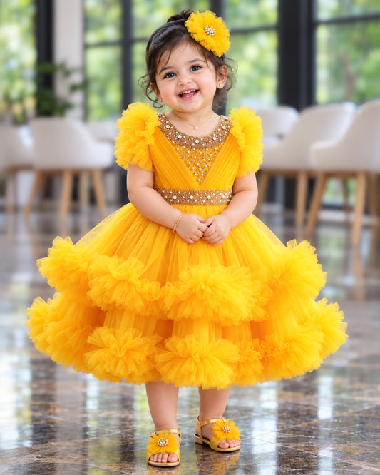 Mango Yellow Baby Girls Birthday Dress - Handwork Two Layer Ruffled Frock