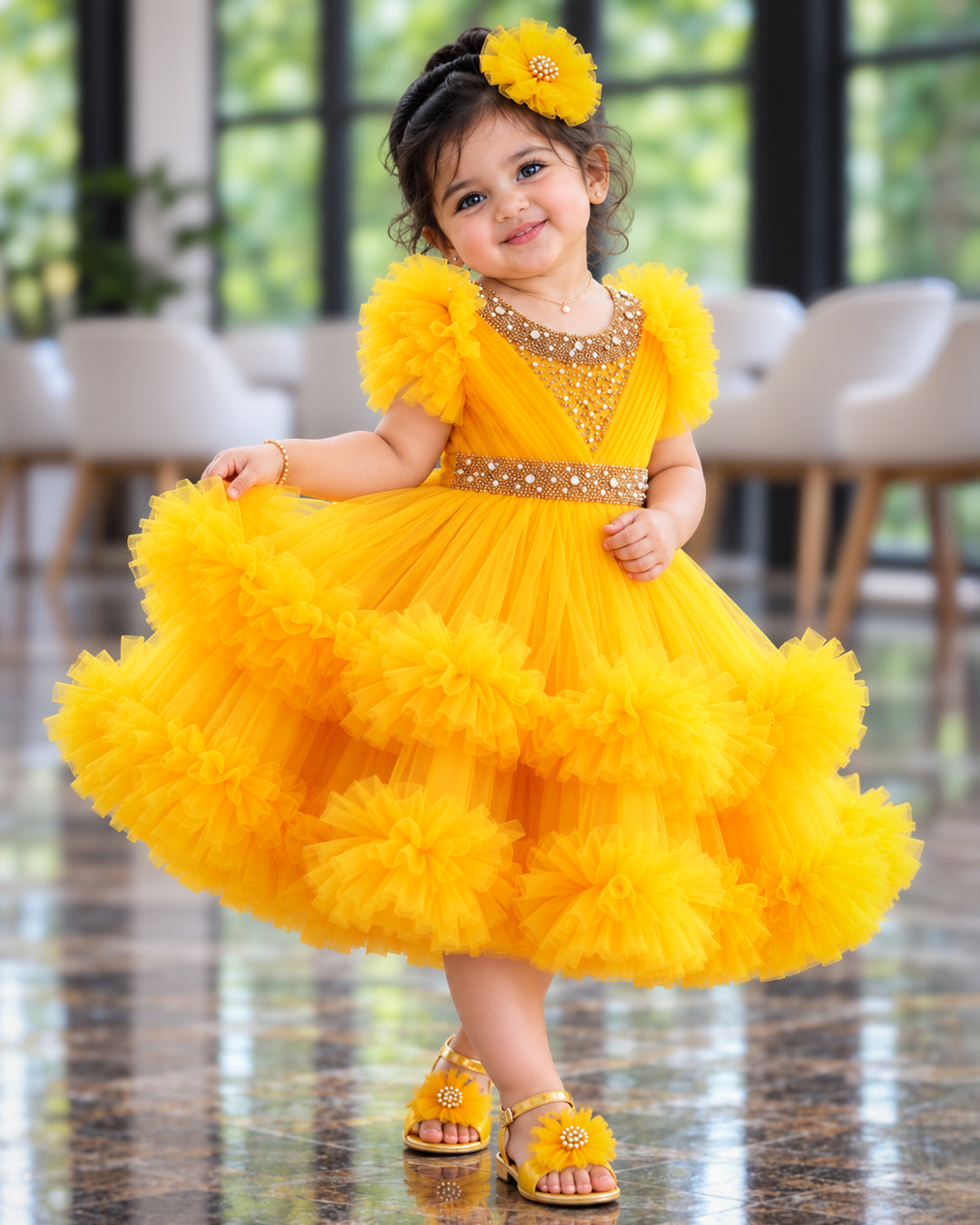 Mango Yellow Baby Girls Birthday Dress - Handwork Two Layer Ruffled Frock