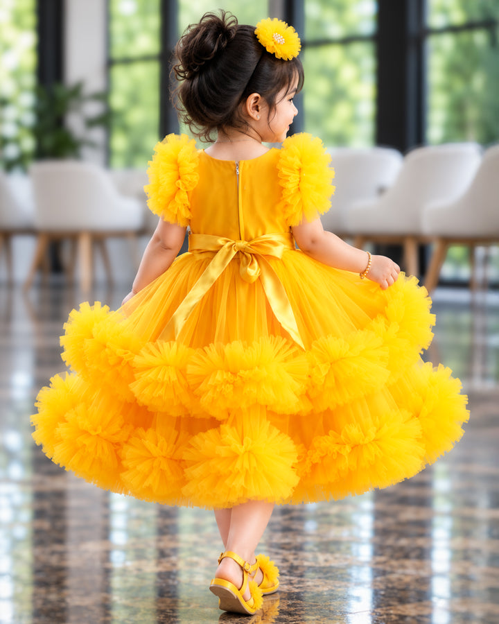 Mango Yellow Baby Girls Birthday Dress - Handwork Two Layer Ruffled Frock