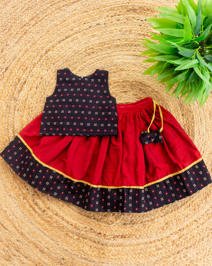 Maroon &amp; black Meena Butti silk lehenga choli for girls – full look, Stanwells Kids