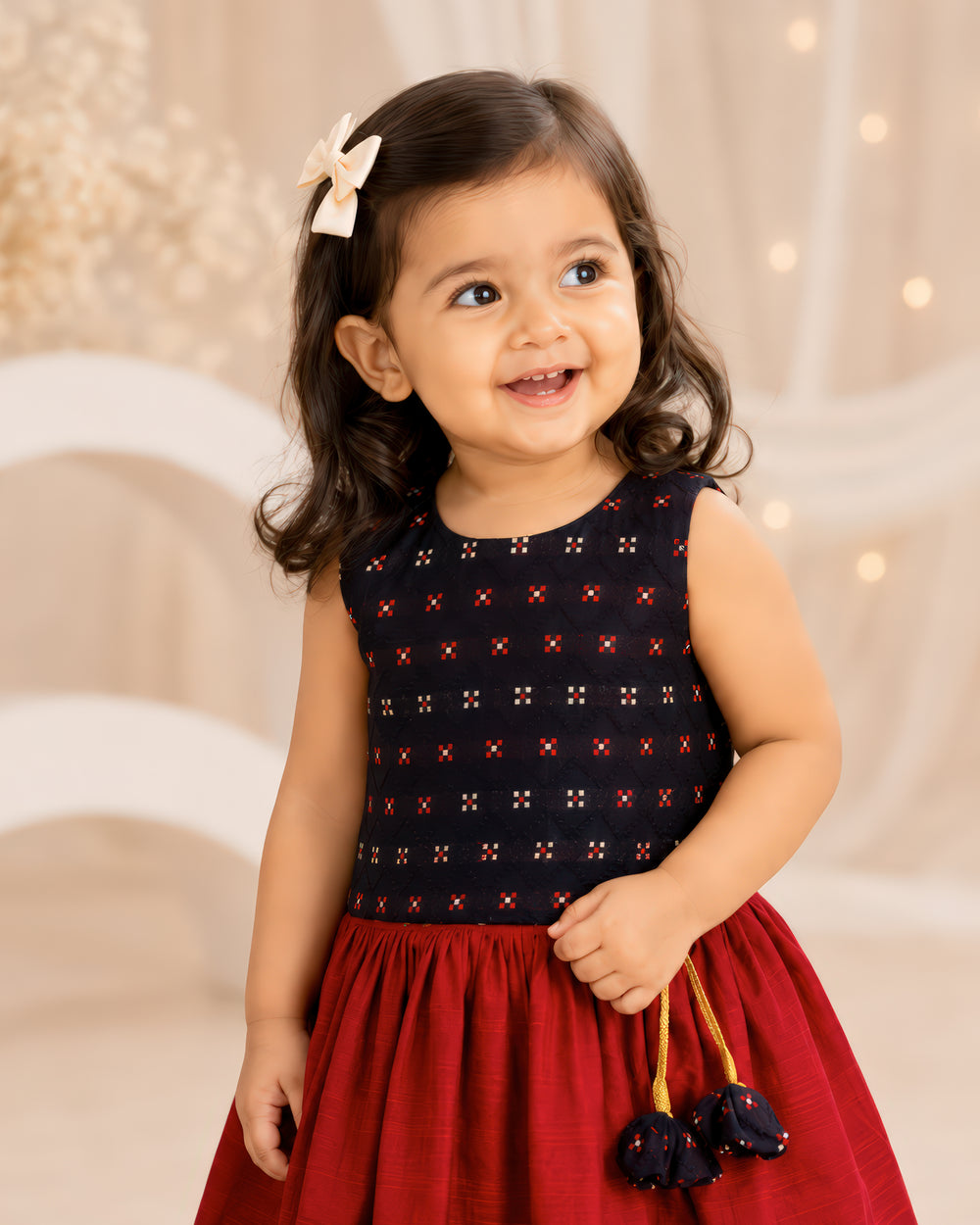 Black Meena Butti blouse with maroon pleated skirt – kids lehenga, Stanwells Kids