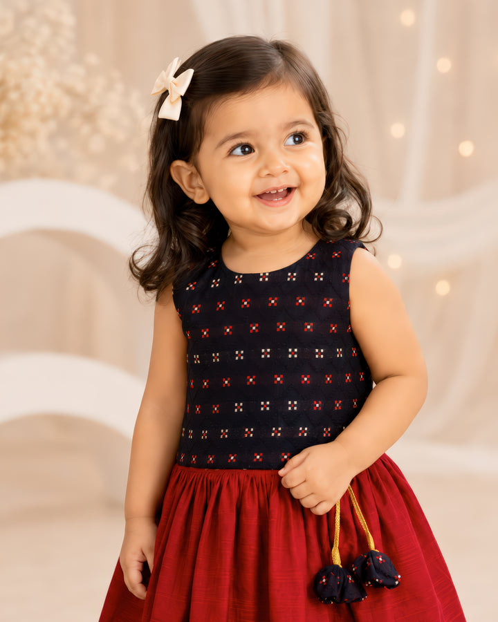 Black Meena Butti blouse with maroon pleated skirt – kids lehenga, Stanwells Kids