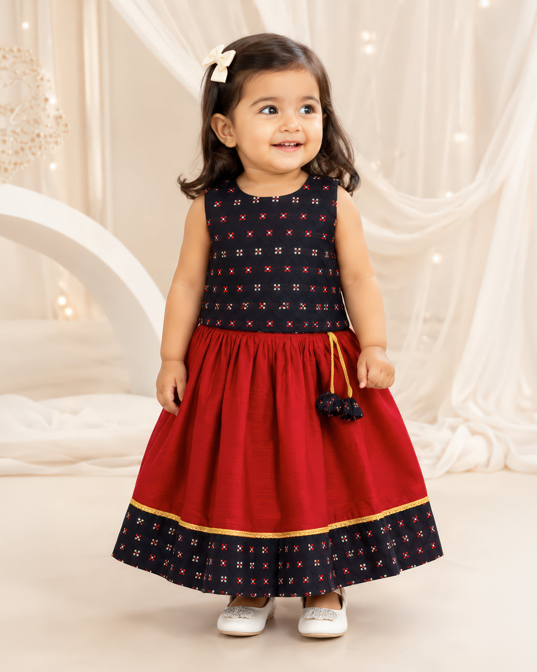 Maroon pleated skirt with black border detail – ethnic lehenga for baby girl, Stanwells Kids