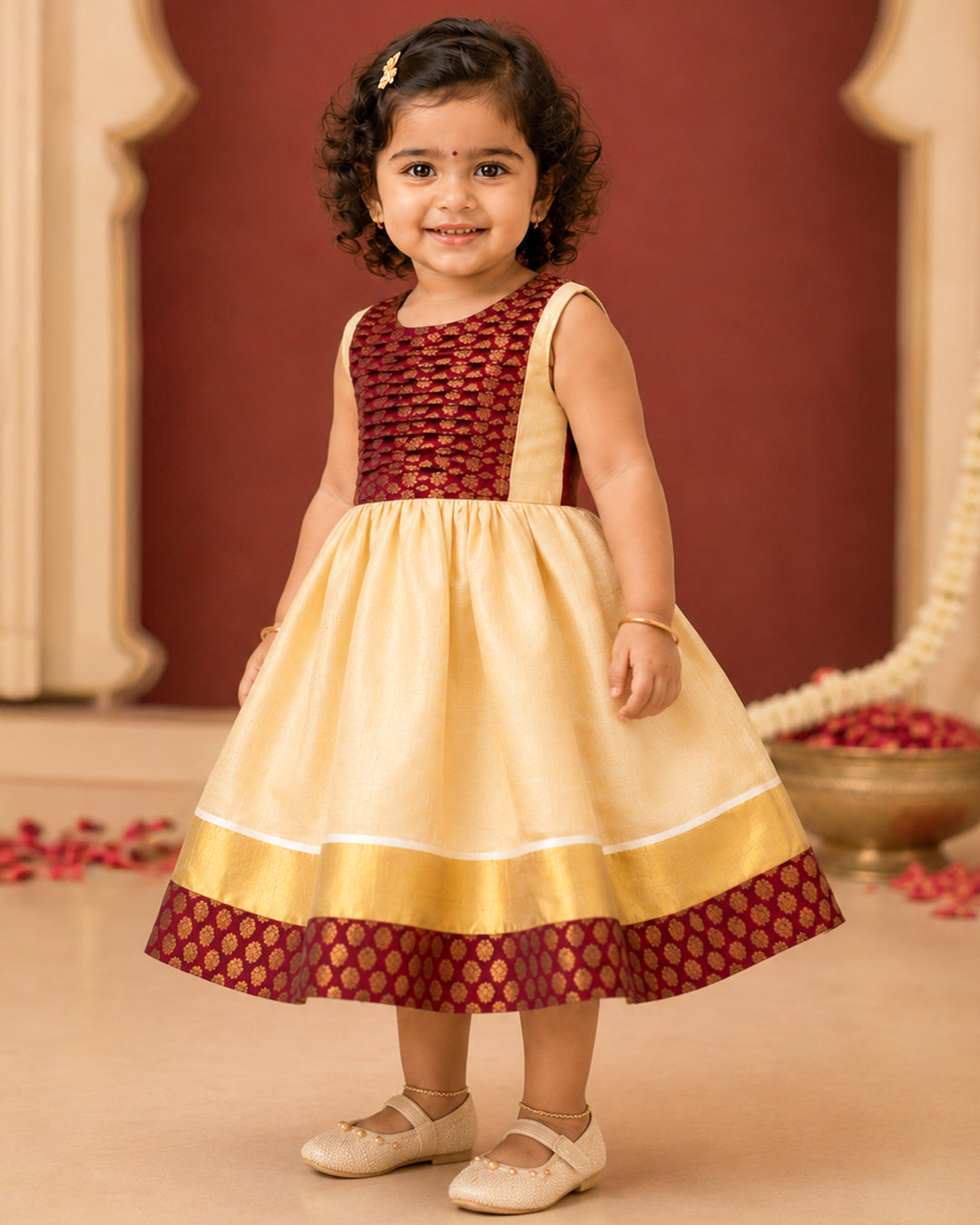 Golden base with maroon accents on Onam tissue frock for girls – Stanwells Kids