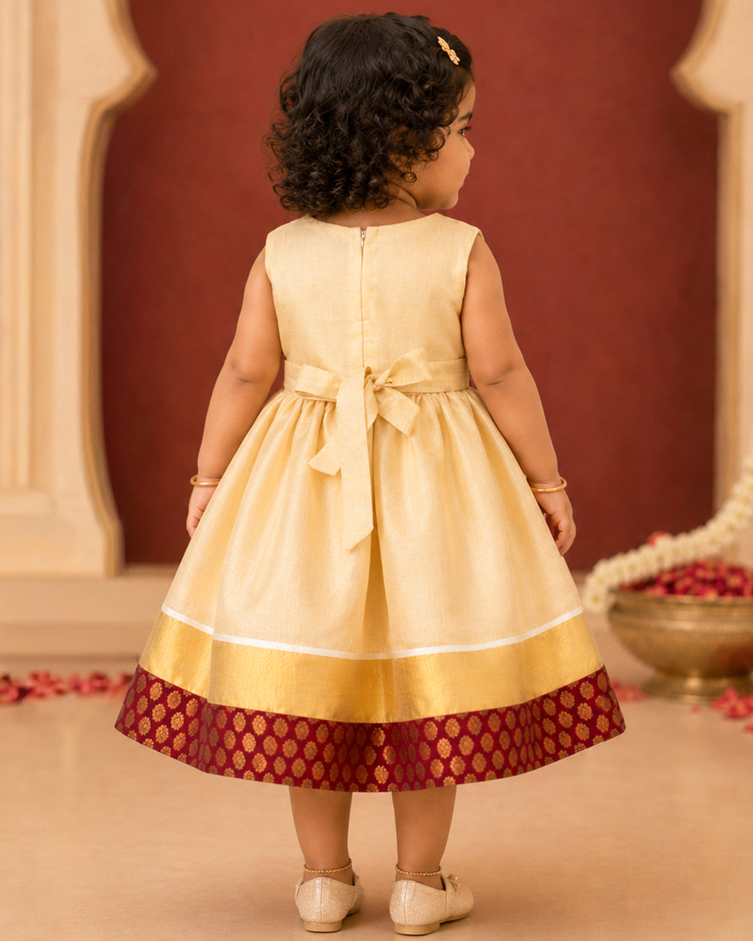 Maroon brocade Onam tissue frock full look for baby girl – Stanwells Kids