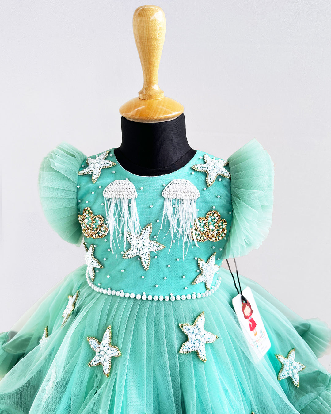 Mermaid theme baby girls birthday dress, pastel green sea life embroidered frock, heavy partywear birthday outfit