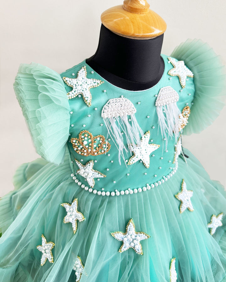 Mermaid theme baby girls birthday dress, pastel green sea life embroidered frock, heavy partywear birthday outfit