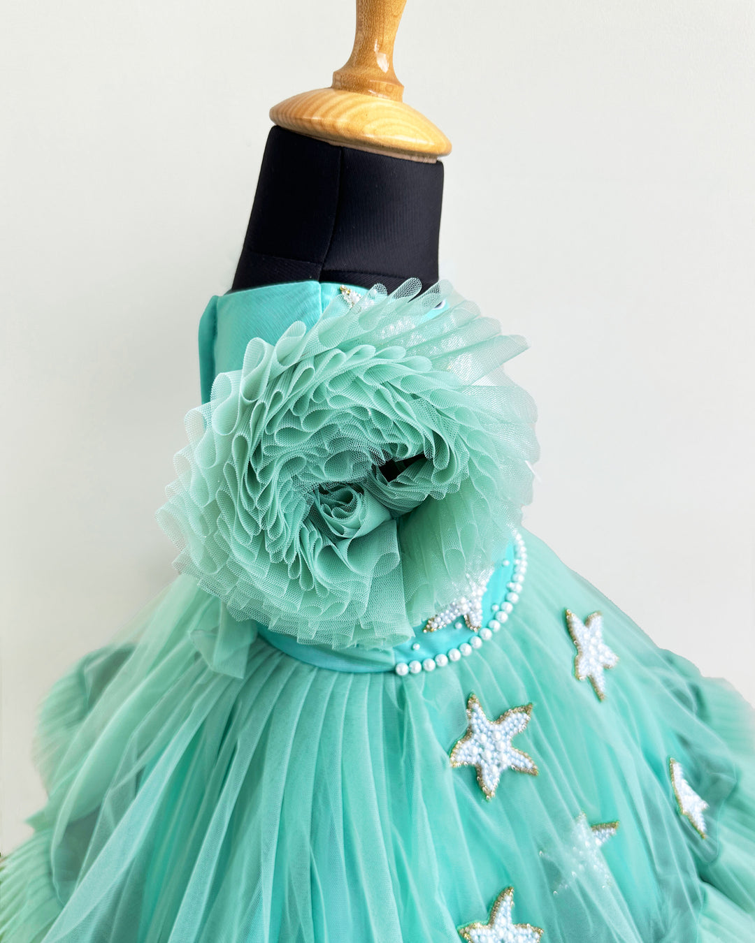 Mermaid theme baby girls birthday dress, pastel green sea life embroidered frock, heavy partywear birthday outfit