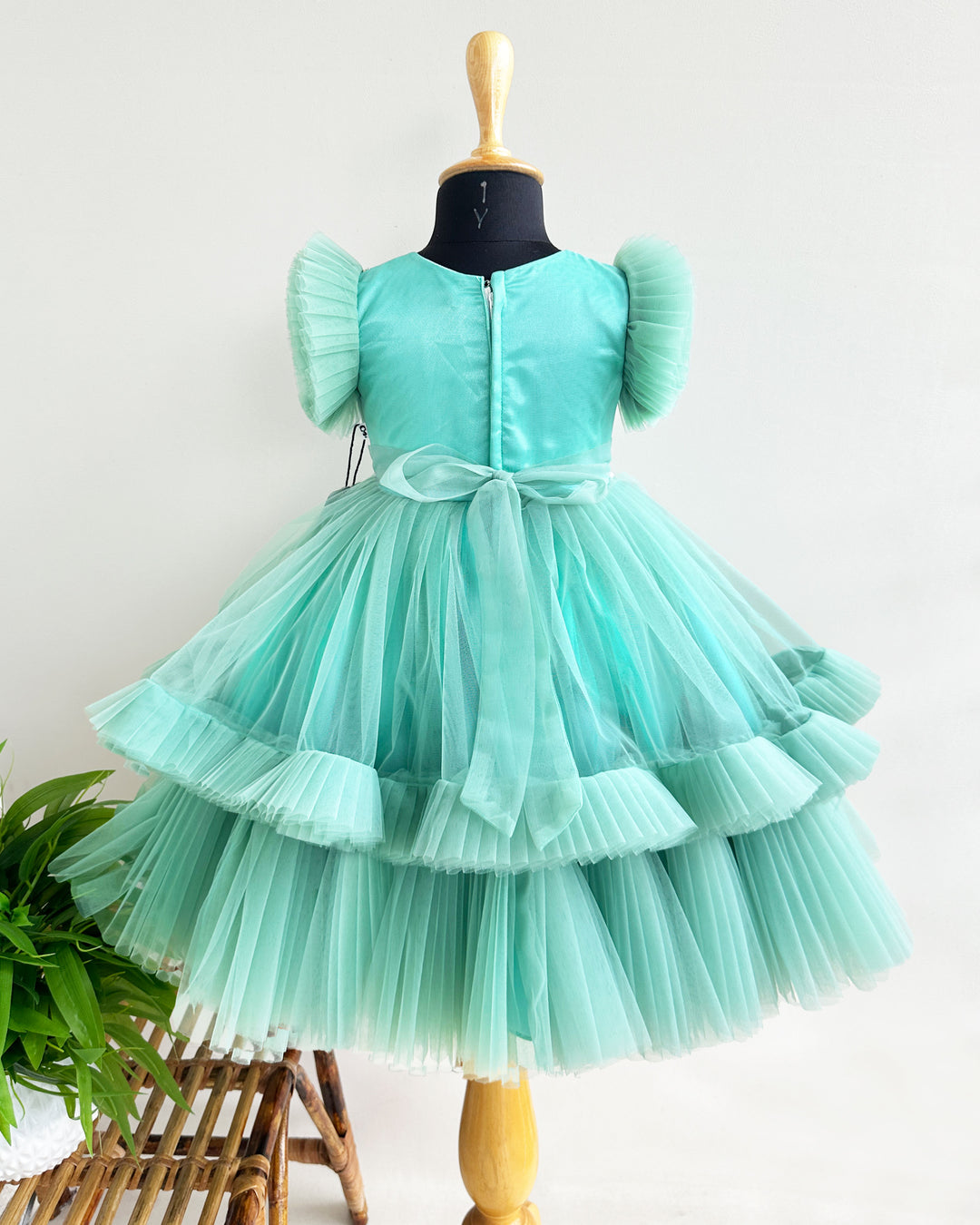 Mermaid theme baby girls birthday dress, pastel green sea life embroidered frock, heavy partywear birthday outfit