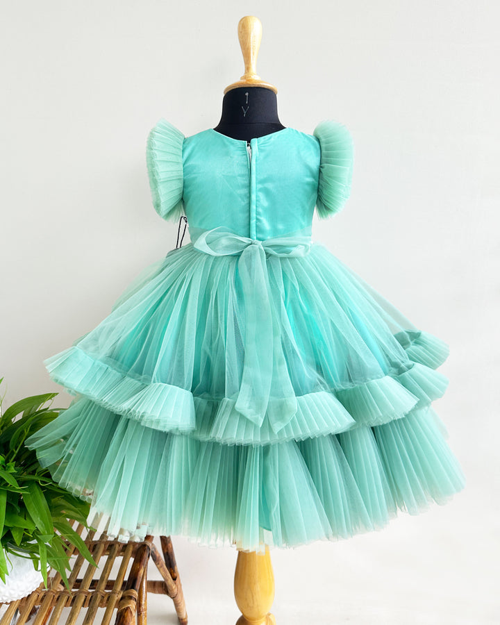 Mermaid theme baby girls birthday dress, pastel green sea life embroidered frock, heavy partywear birthday outfit