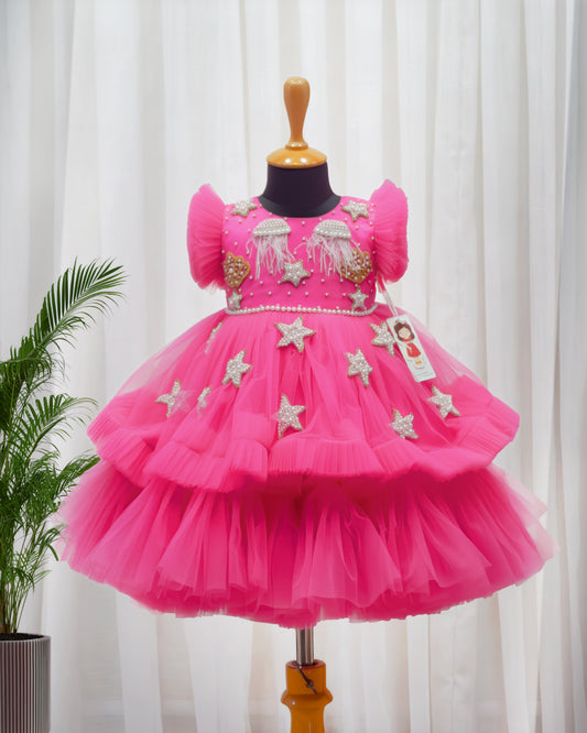 Mermaid theme party wear frock for girls in peach – front view, Stanwells Kids