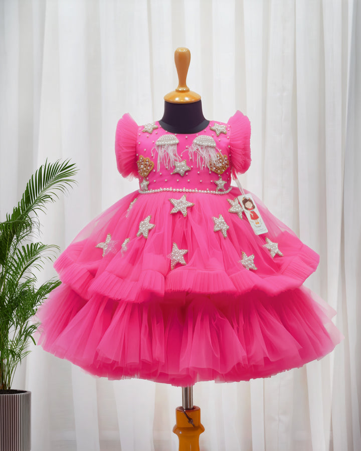 Mermaid theme party wear frock for girls in peach – front view, Stanwells Kids