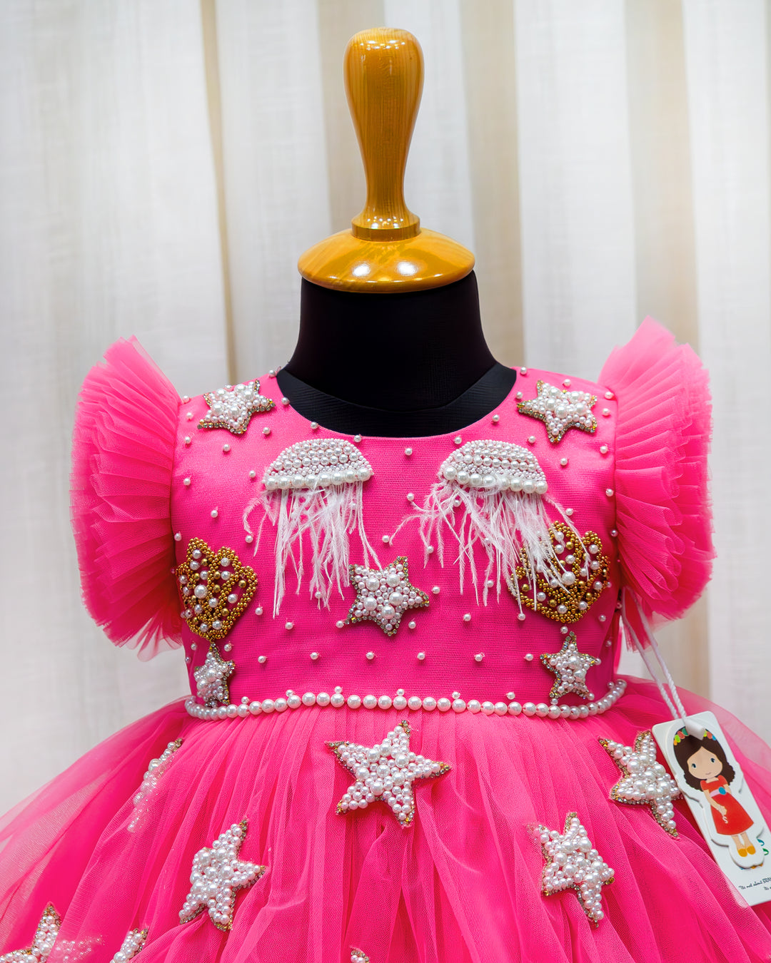 Peach partywear frock with handworked sea-life embroidered yoke – Stanwells Kids
