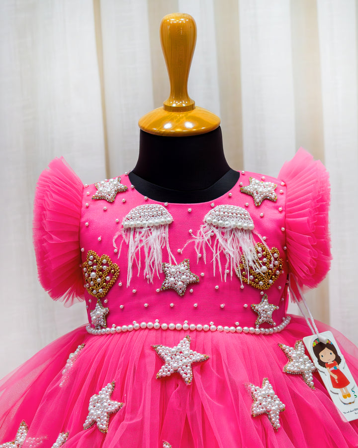 Peach partywear frock with handworked sea-life embroidered yoke – Stanwells Kids