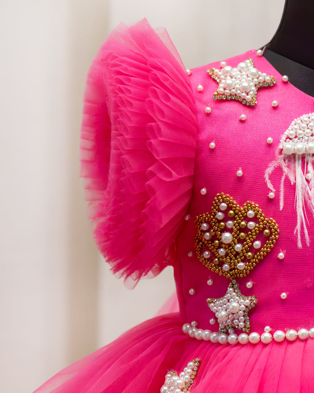 Silver bead handwork detail on peach mermaid theme frock – Stanwells Kids