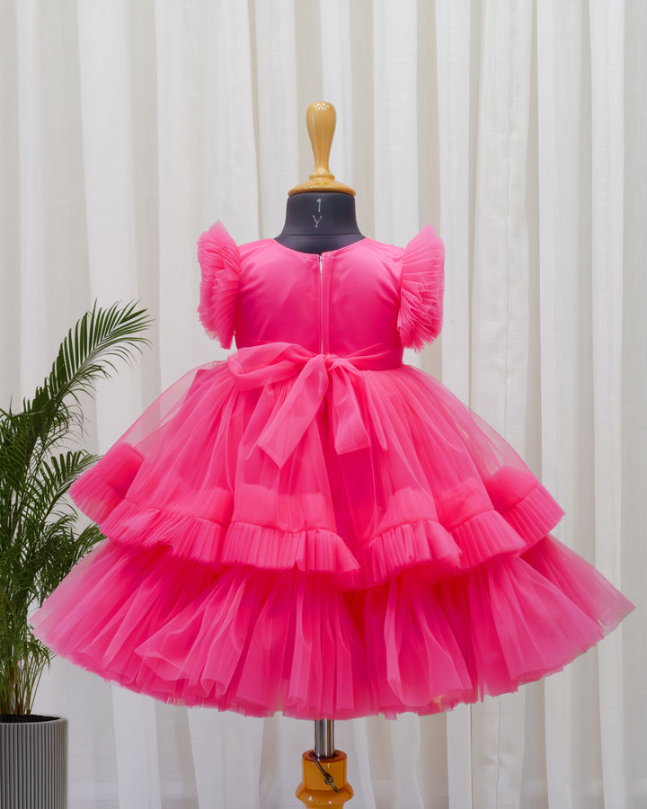 Back view of peach mermaid party frock with satin tie – Stanwells Kids