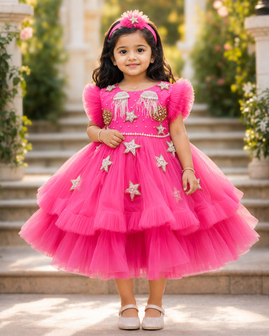 Mermaid theme party wear frock for girls in peach – front view, Stanwells Kids