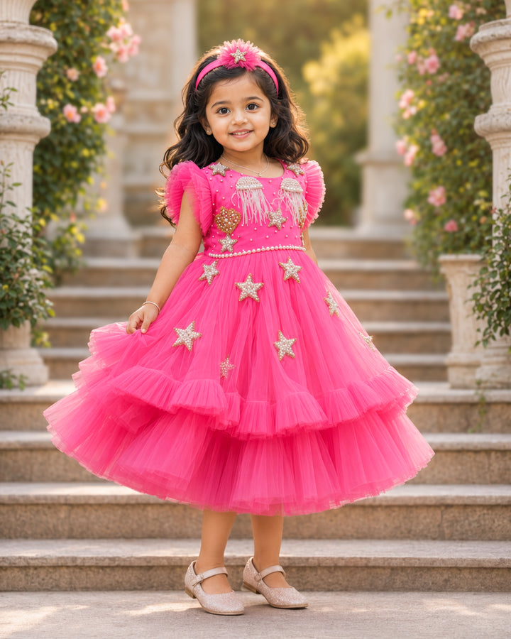 Mermaid theme party wear frock for girls in peach – front view, Stanwells Kids
