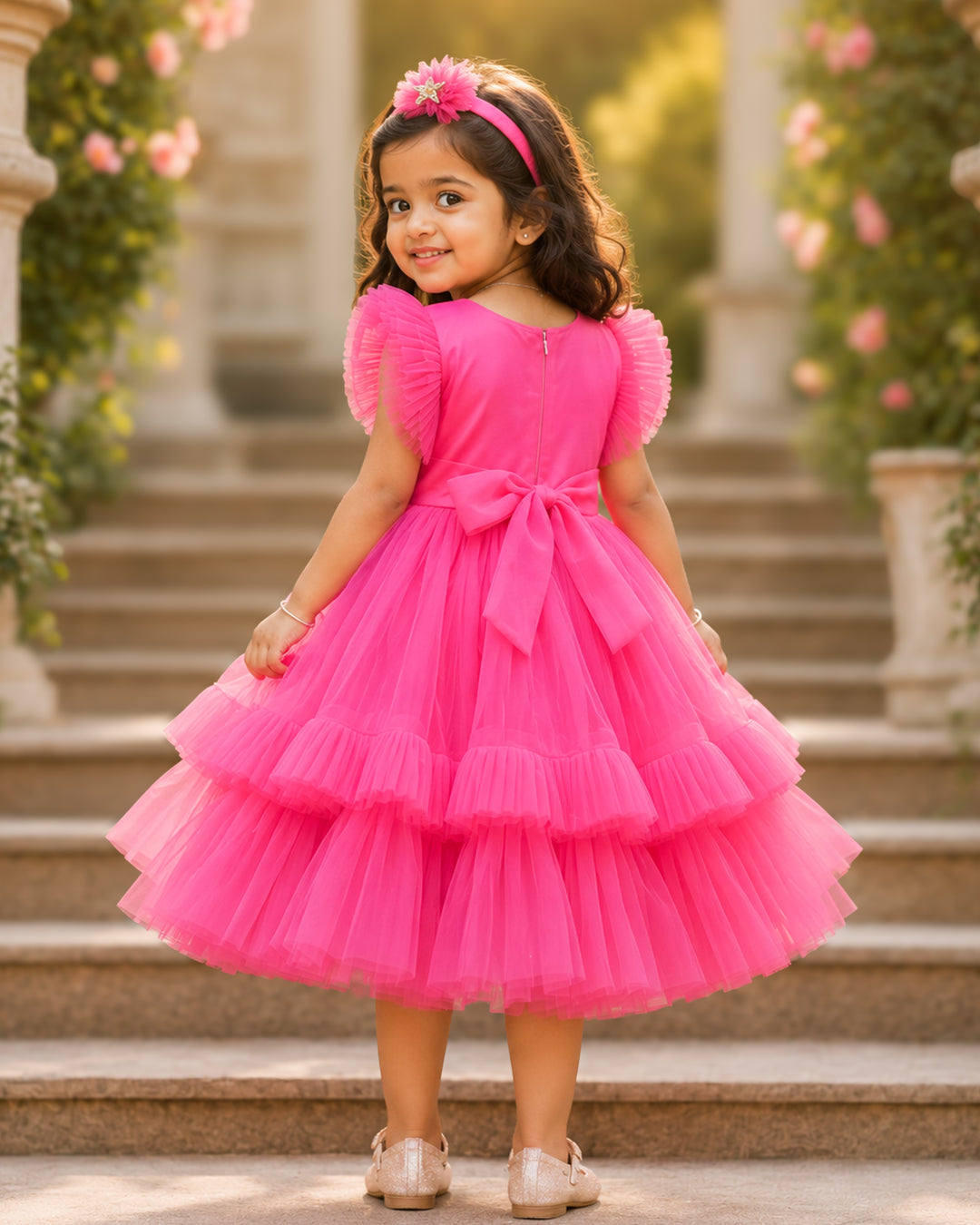 Back view of peach mermaid party frock with satin tie – Stanwells Kids