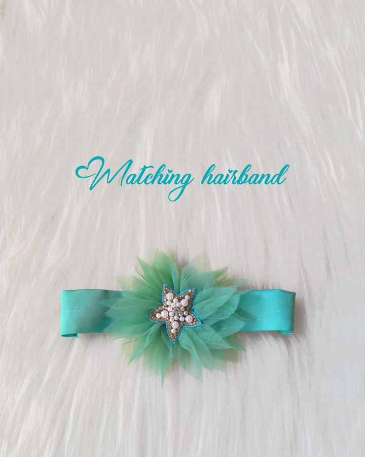 Mermaid theme baby girls birthday dress, pastel green sea life embroidered frock, heavy partywear birthday outfit