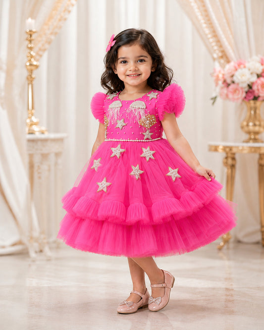 Mermaid theme party wear frock for girls in peach – front view, Stanwells Kids