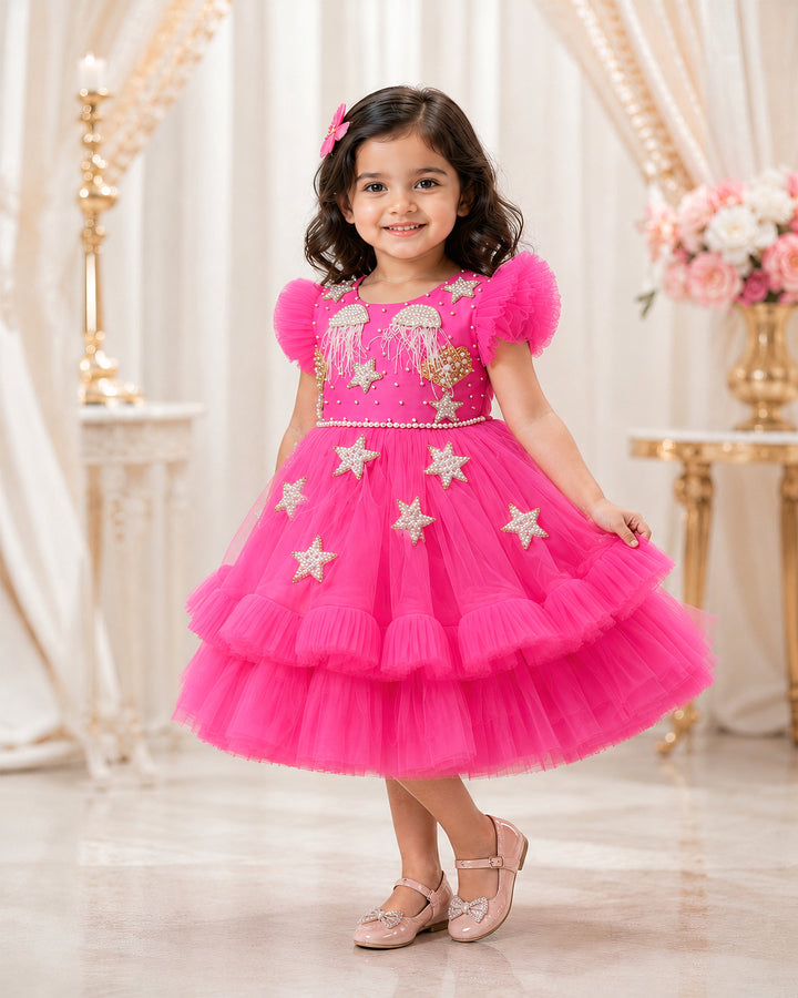 Mermaid theme party wear frock for girls in peach – front view, Stanwells Kids