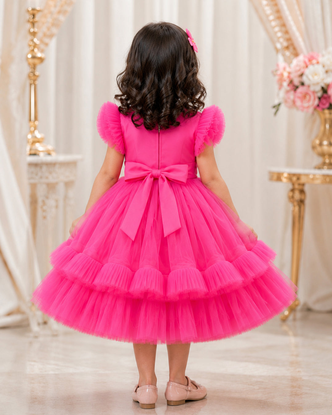 Mermaid theme party wear frock for girls in peach – front view, Stanwells Kids