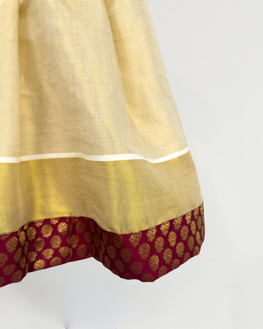 Round neck Kerala traditional silhouette maroon brocade Onam frock – Stanwells Kids