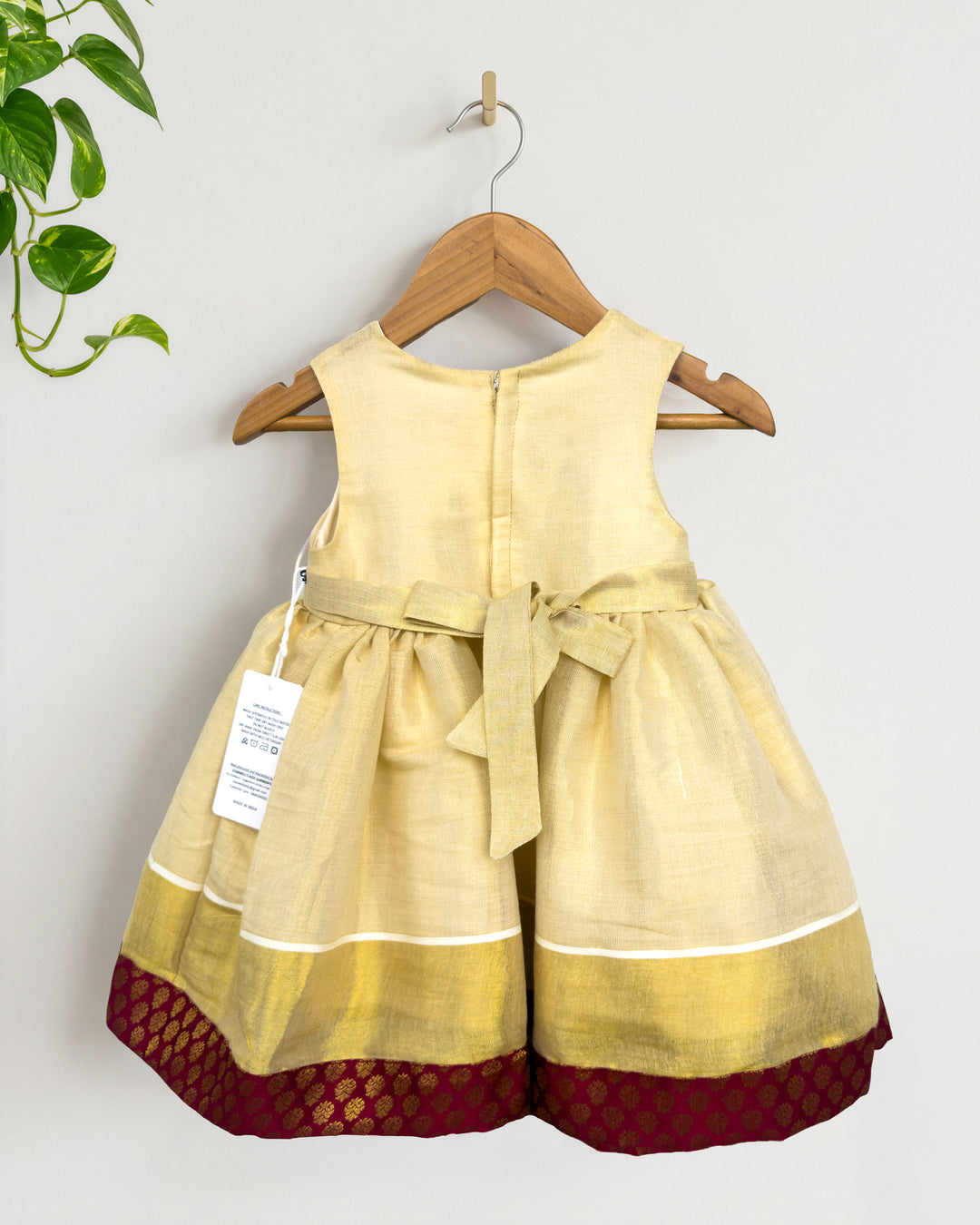 Maroon brocade Onam tissue frock full look for baby girl – Stanwells Kids