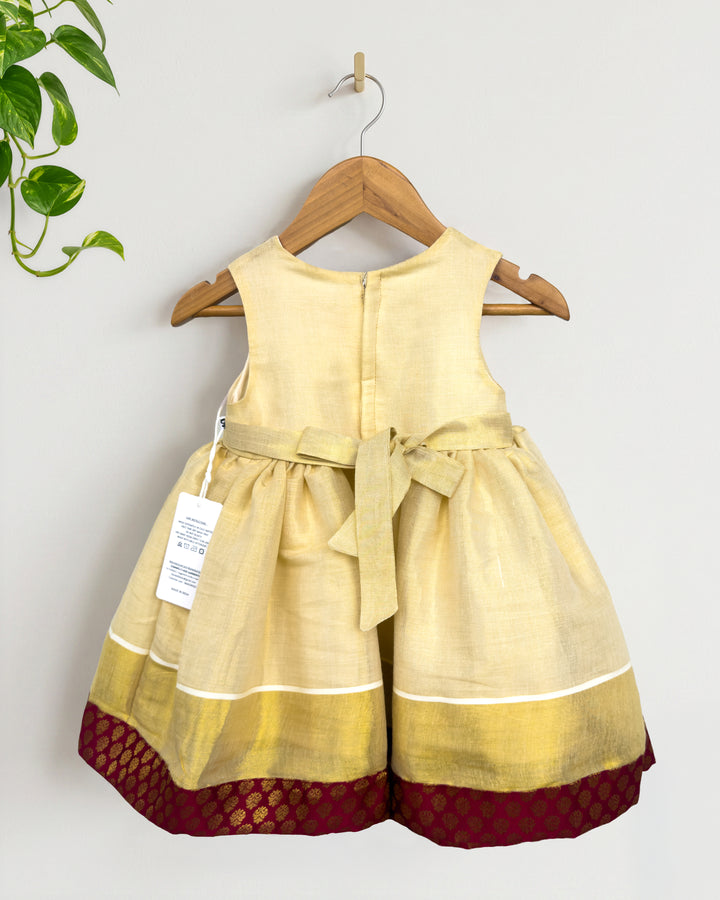 Maroon brocade Onam tissue frock full look for baby girl – Stanwells Kids