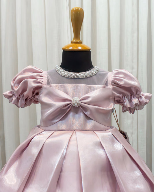 Charming bow accent detail on metallic pink satin partywear frock – Stanwells Kids