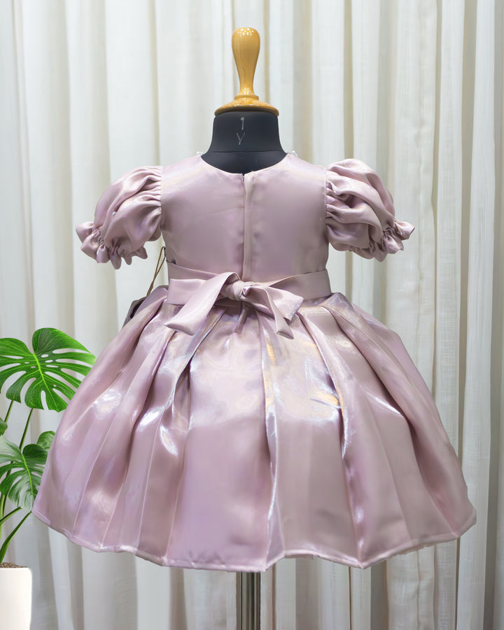 Metallic pink satin partywear bow frock full look for baby girl – Stanwells Kids
