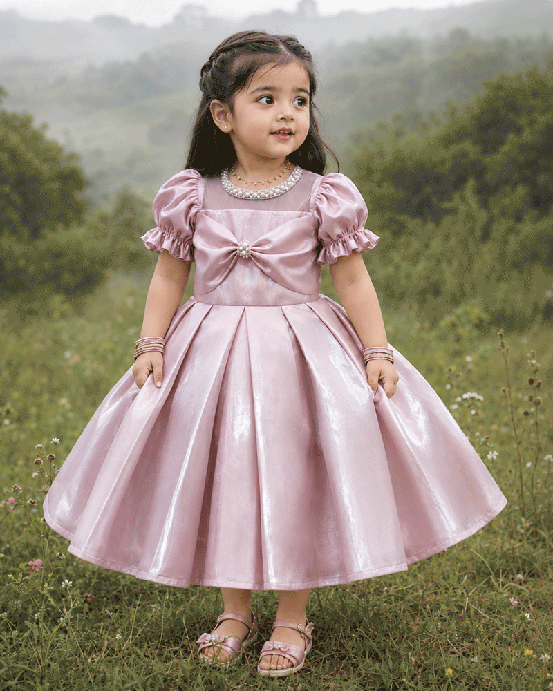 Metallic Pink Shade Glossy Satin Flared Partywear Bow Frock for Baby Girl – Stanwells Kids