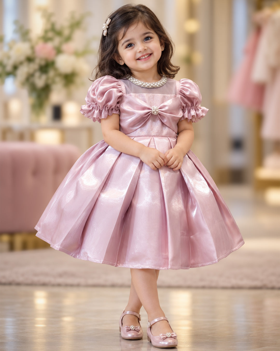 Metallic pink glossy satin flared partywear bow frock for baby girl – front view, Stanwells Kids