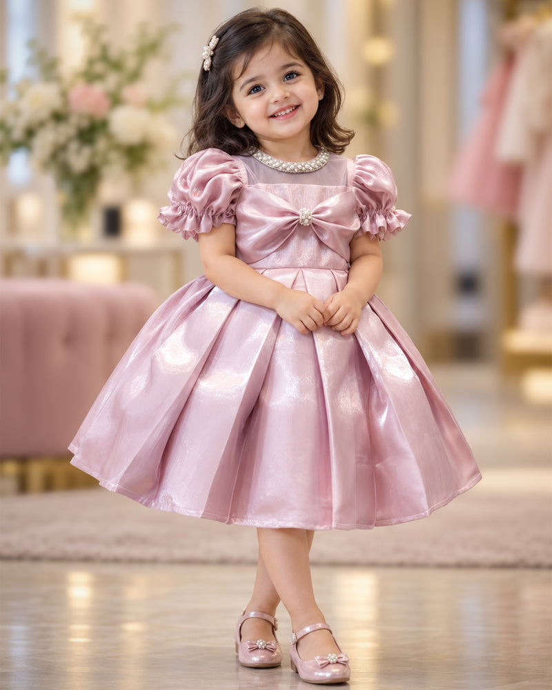 Metallic Pink Shade Glossy Satin Flared Partywear Bow Frock for Baby Girl – Stanwells Kids