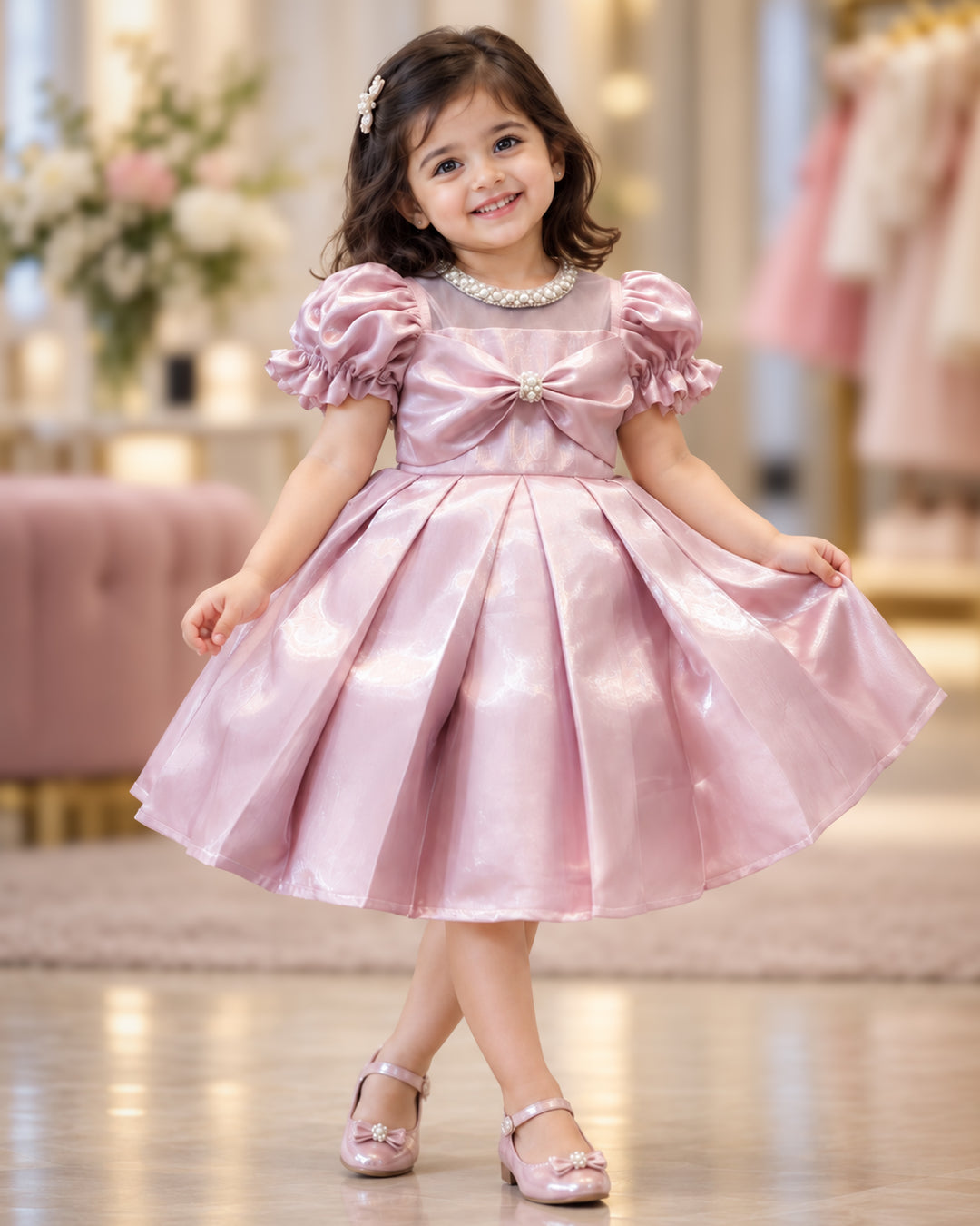 Metallic pink glossy satin flared partywear bow frock for baby girl – front view, Stanwells Kids