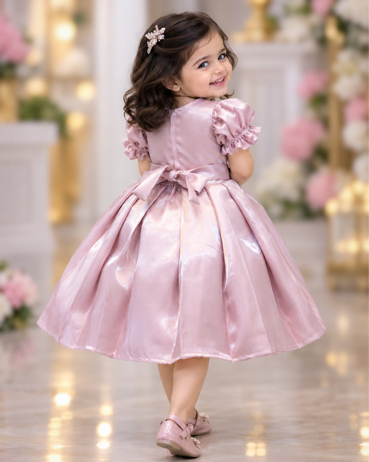 Metallic pink satin partywear bow frock full look for baby girl – Stanwells Kids
