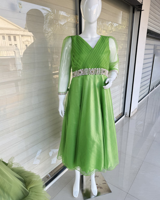 Pista green pleated ruffles heavy handwork midi dress for baby girl – Stanwells Kids