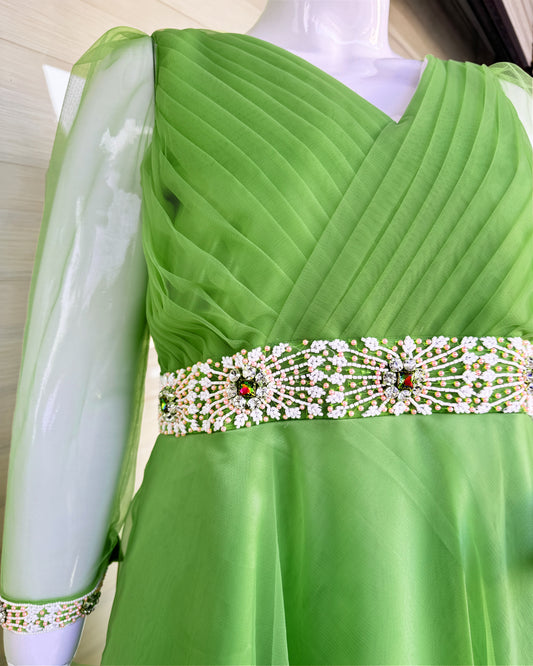 Pista Green Pleated Ruffles Heavy Handwork Women's Midi Dress – Stanwells Kids