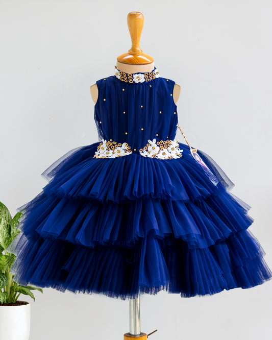 Navy Blue Halter Neck Applique Embroidery Three-Layered Frock – Front View – Stanwells Kids