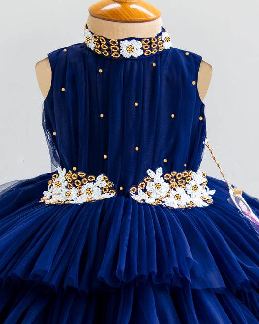 Navy Blue Halter Neck Applique Embroidery Three-Layered Frock – Front View – Stanwells Kids