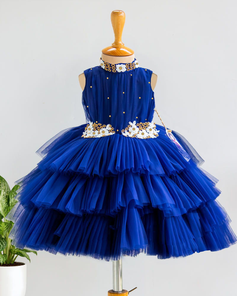 Navy Blue Halter Neck Applique Embroidery Three-Layered Frock for Baby Girl – Stanwells Kids