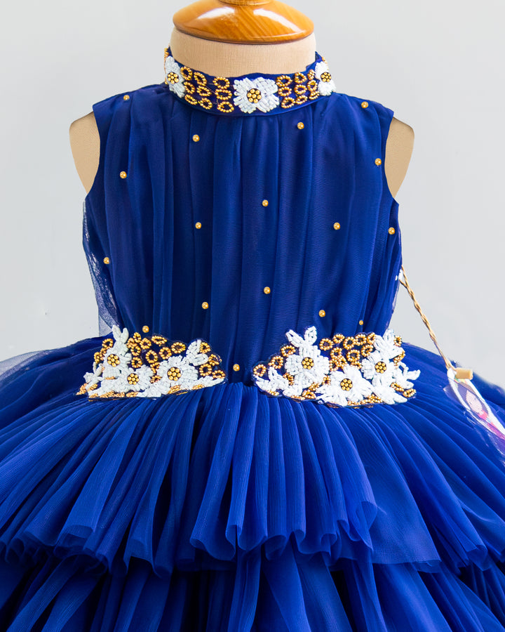 Navy Blue Halter Neck Frock with Golden Bead Detailing – Side View – Stanwells Kids