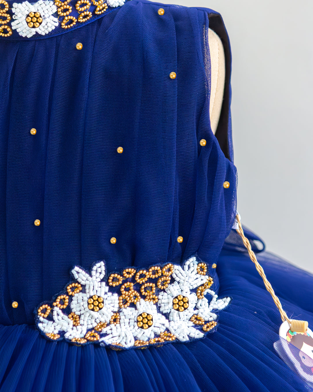 Three-Layered Pleated Skirt Detail – Navy Blue Embroidery Frock – Stanwells Kids