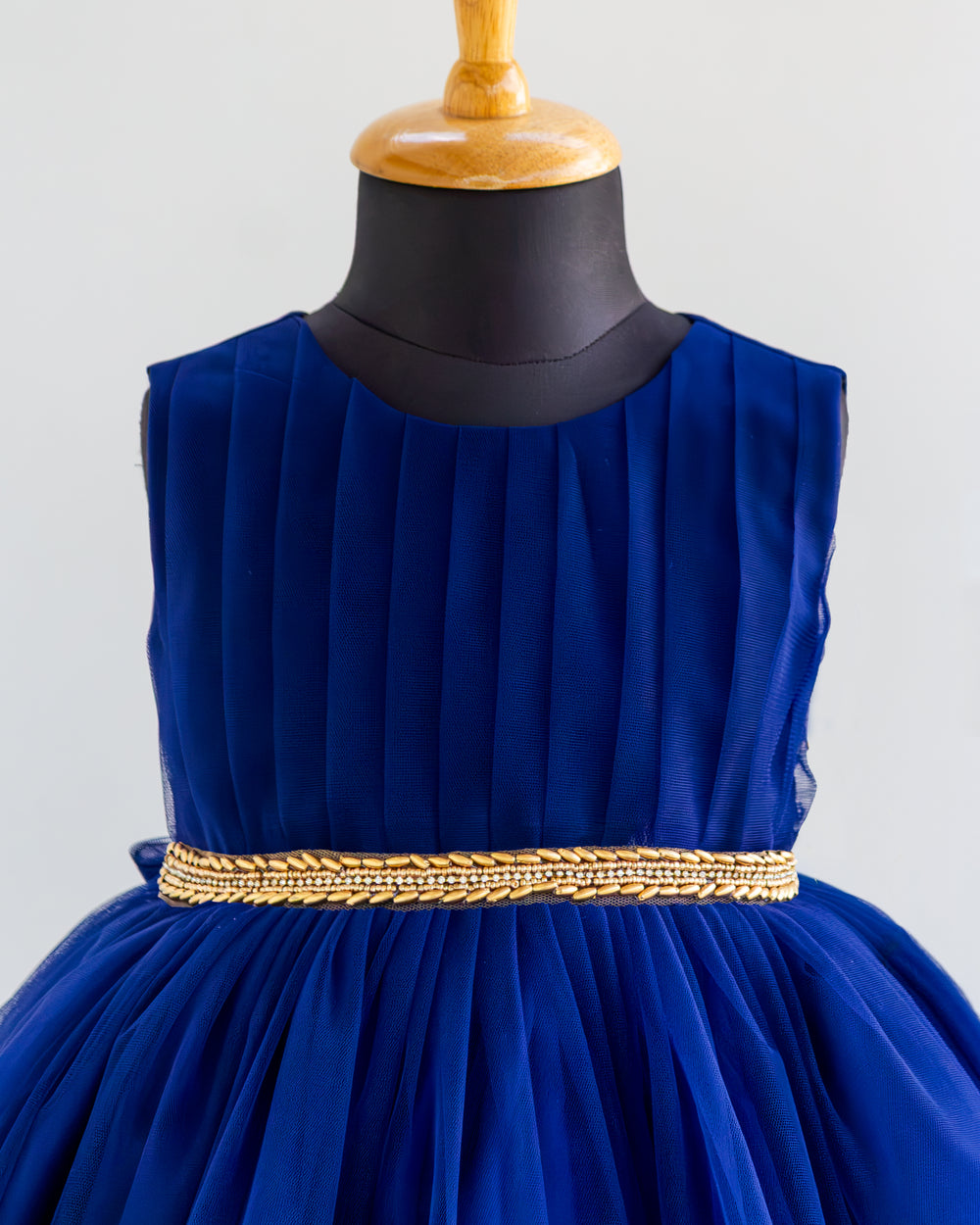 Pleated round neck yoke on navy blue ruffles sleeveless birthday frock – Stanwells Kids